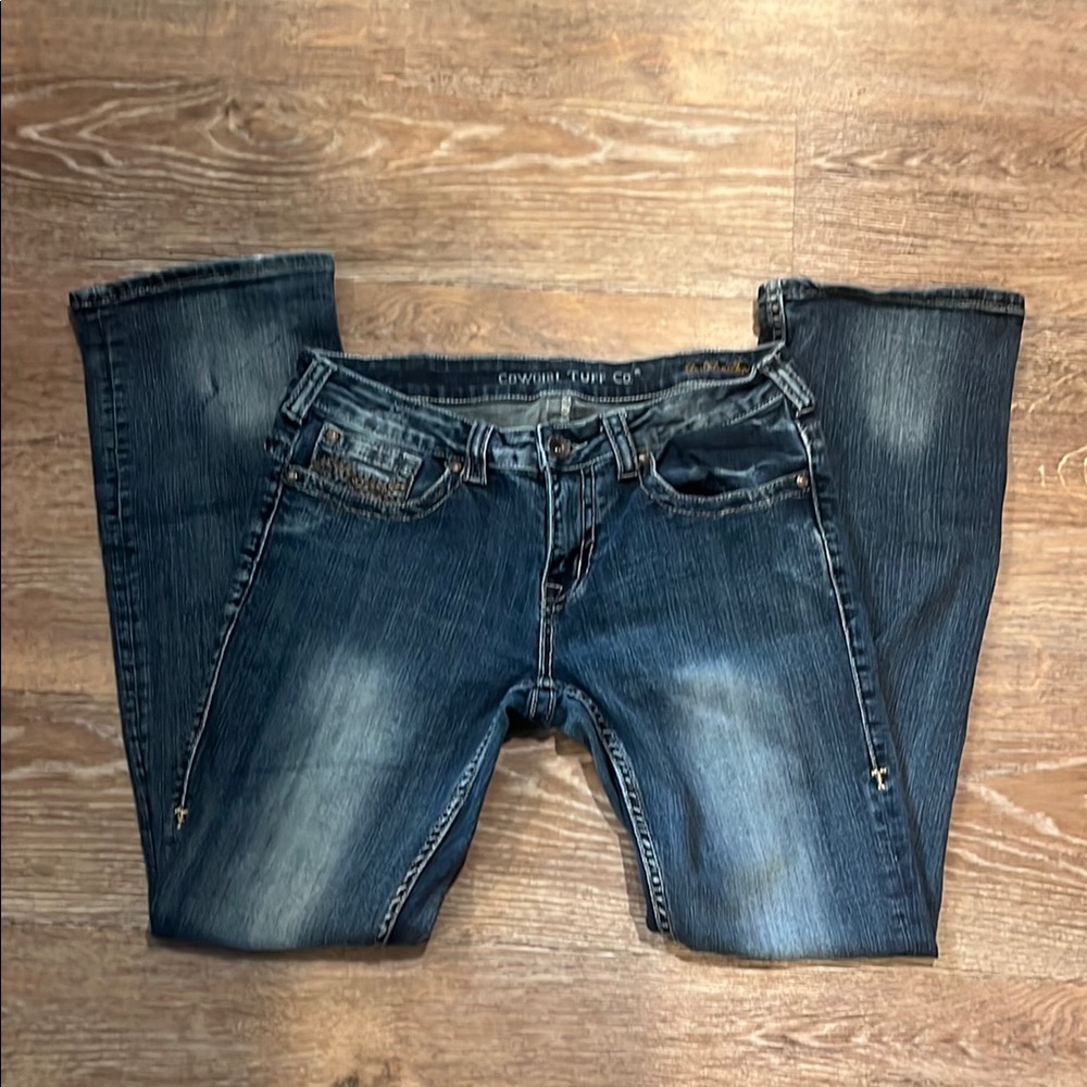 Cowgirl Tuff Blue Boot Cut Jeans with Vintage Distress